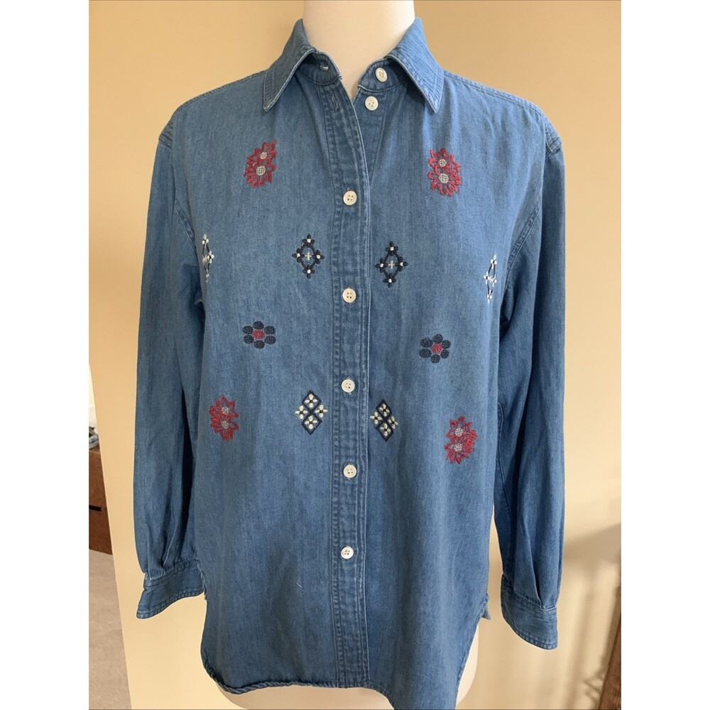 Vintage First Issue Shirt Womens Size XS Poinsettia Embroidered Denim